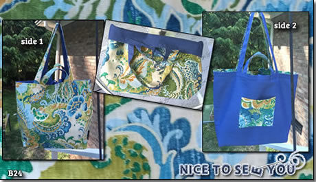 Reversible Tote Bag Featuring Blue Tones Whimsical and Pinstripe Fabrics 
