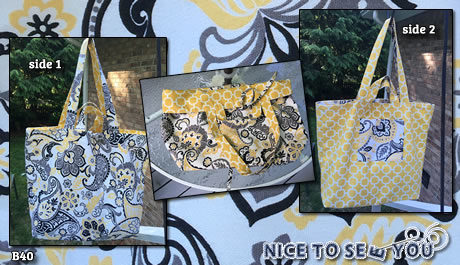Reversible tote bag featuring  yellow tones paisley and link design fabrics.